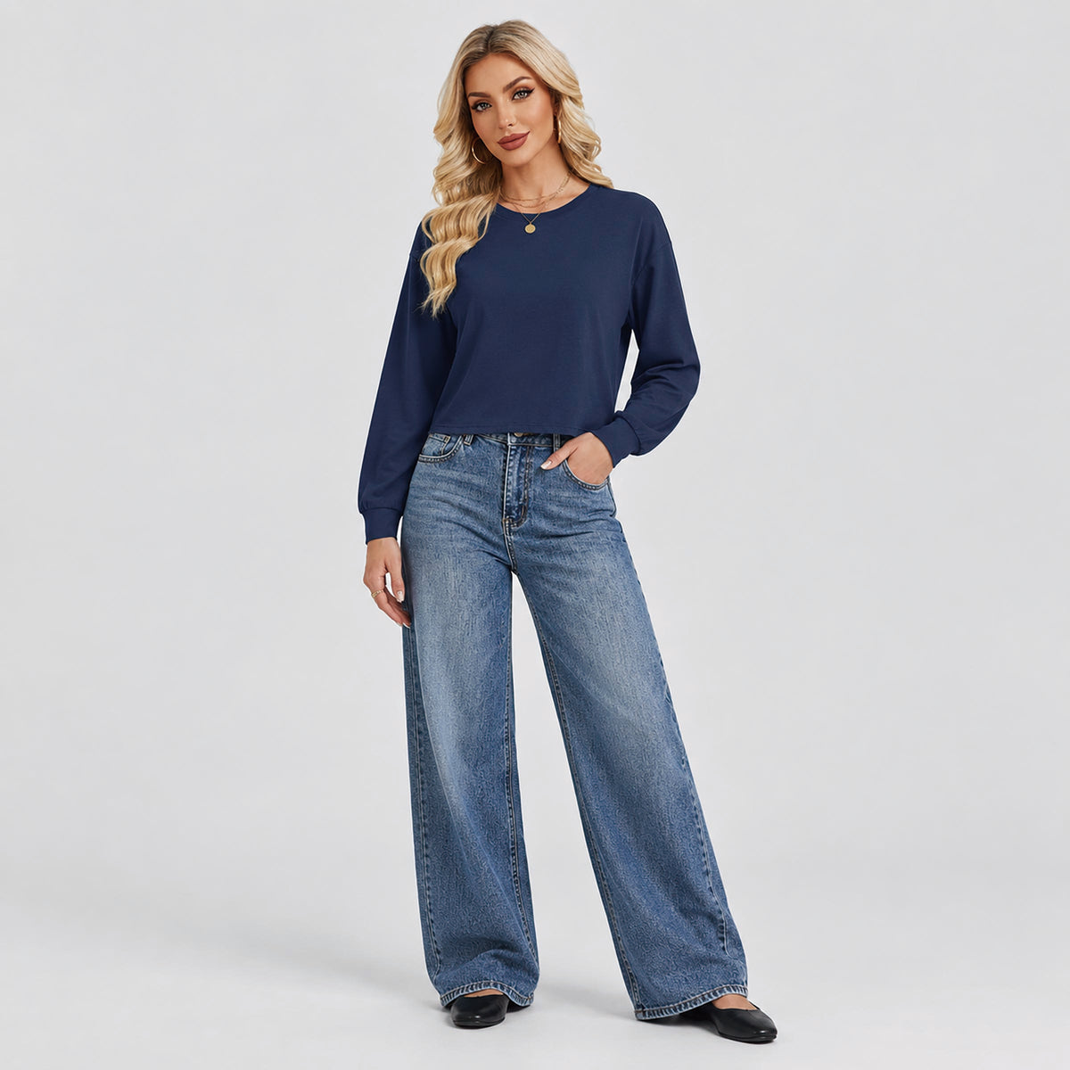 Women's Long Sleeve Cropped Top Crew Neck Casual Lightweight Shirt