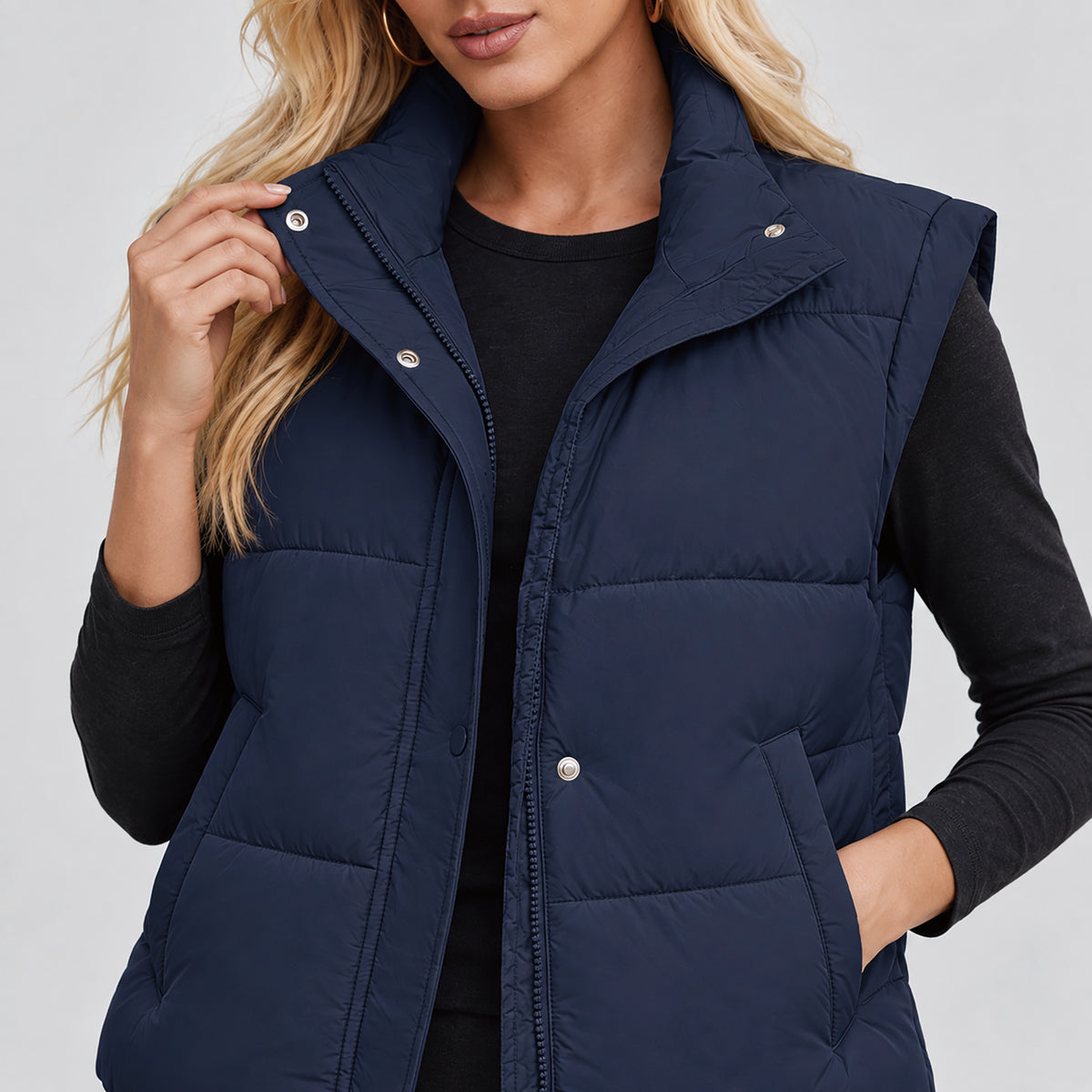 Womens Lightweight Cropped Puffer Vest with Stand Collar