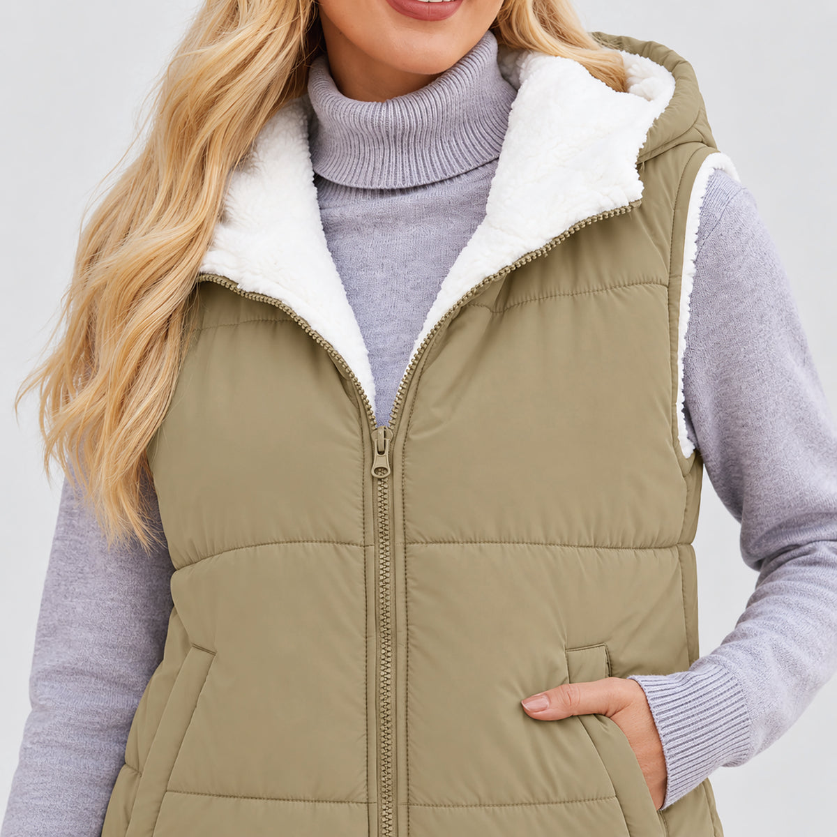 Women's Reversible Fleece Lined Puffer Vest Lightweight Winter Vest with Hood