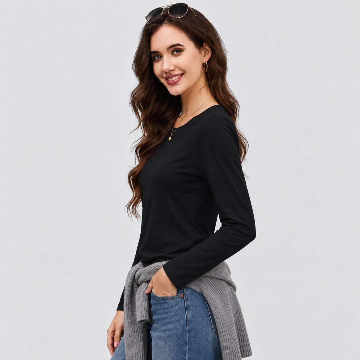 Women's Cotton Long Sleeve Crew Neck T Shirt Soft Casual Basic Tee