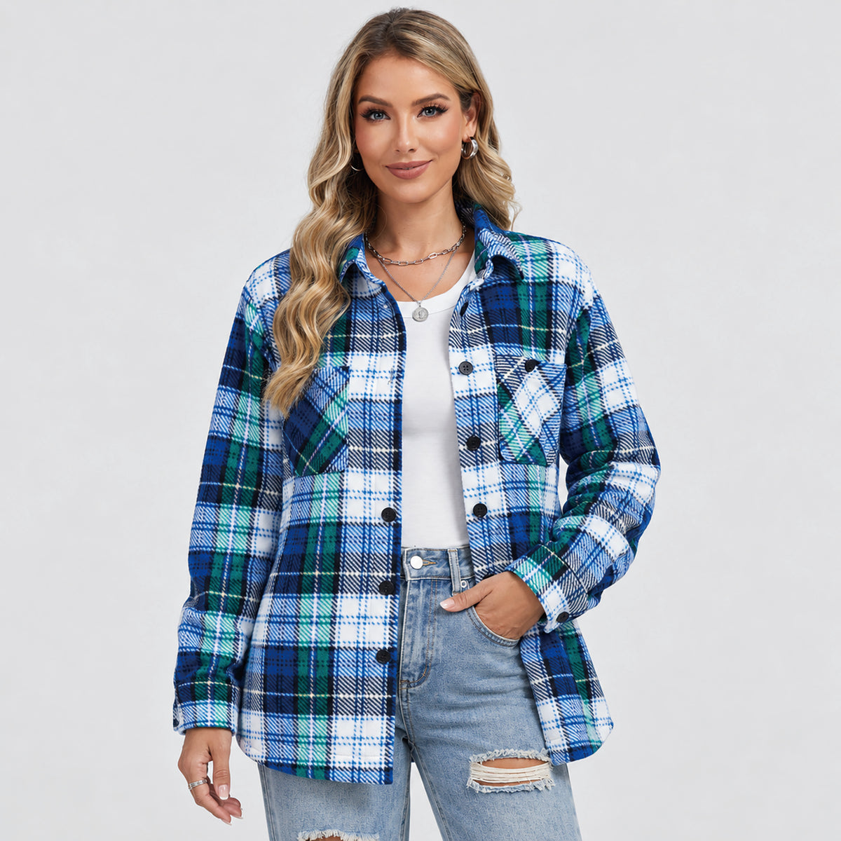 Women's Sherpa Lined Plaid Shacket Warm Flannel Jacket for Fall Winter