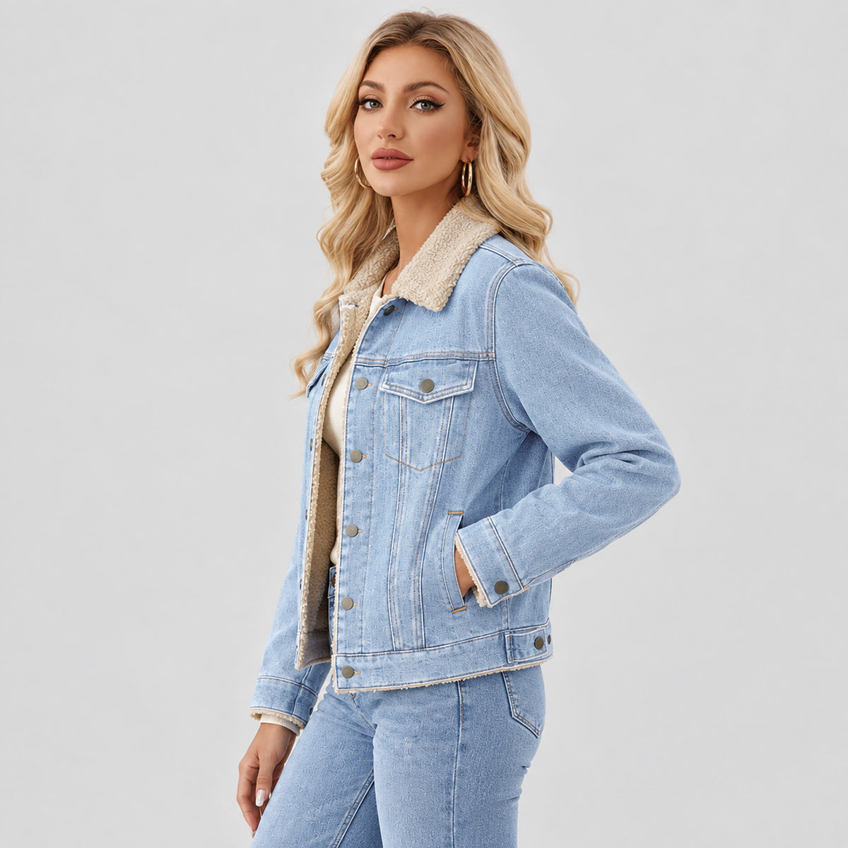 Women's Fleece-Lined Denim Jacket with Warm Collar and Pockets