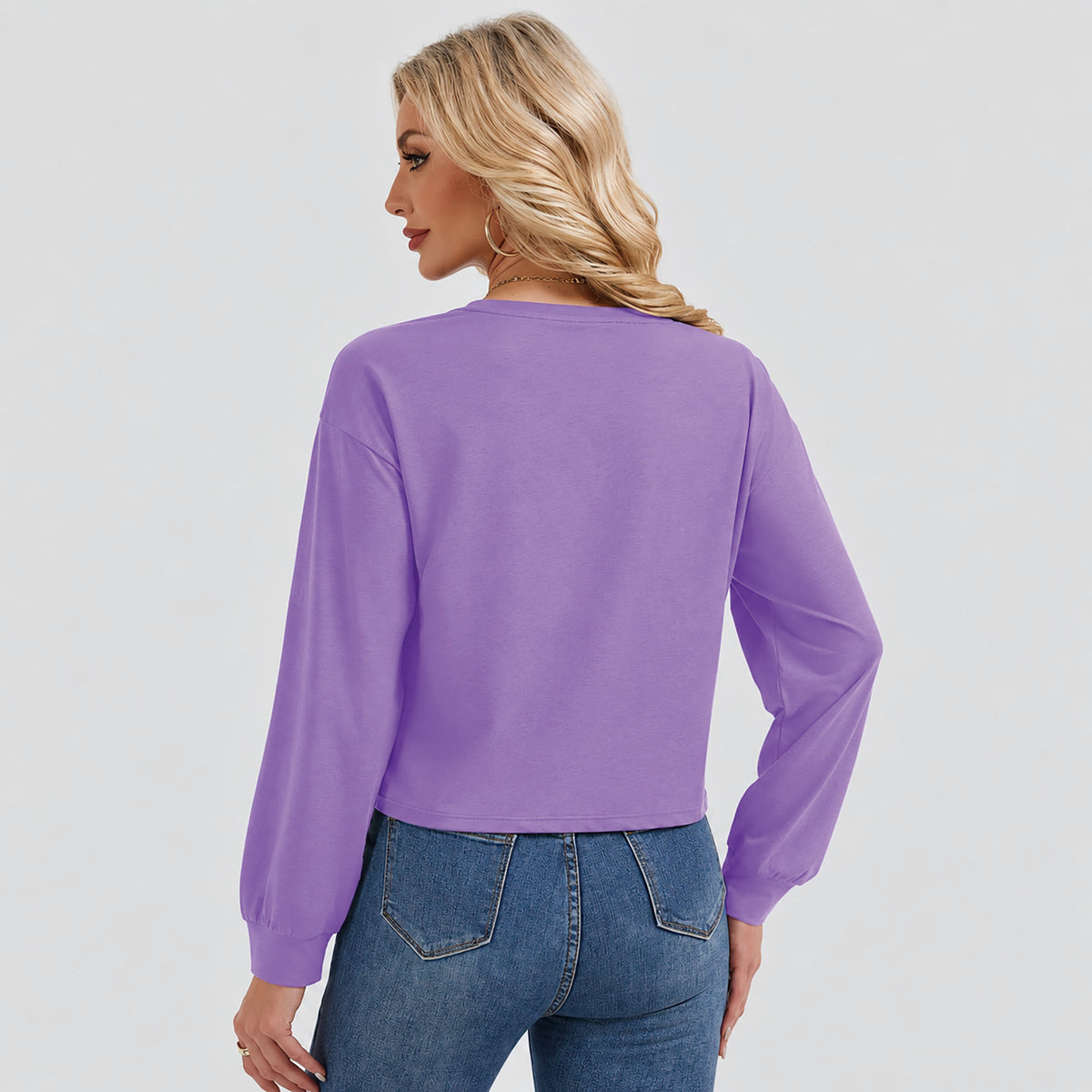 Women's Long Sleeve Cropped Top Crew Neck Casual Lightweight Shirt