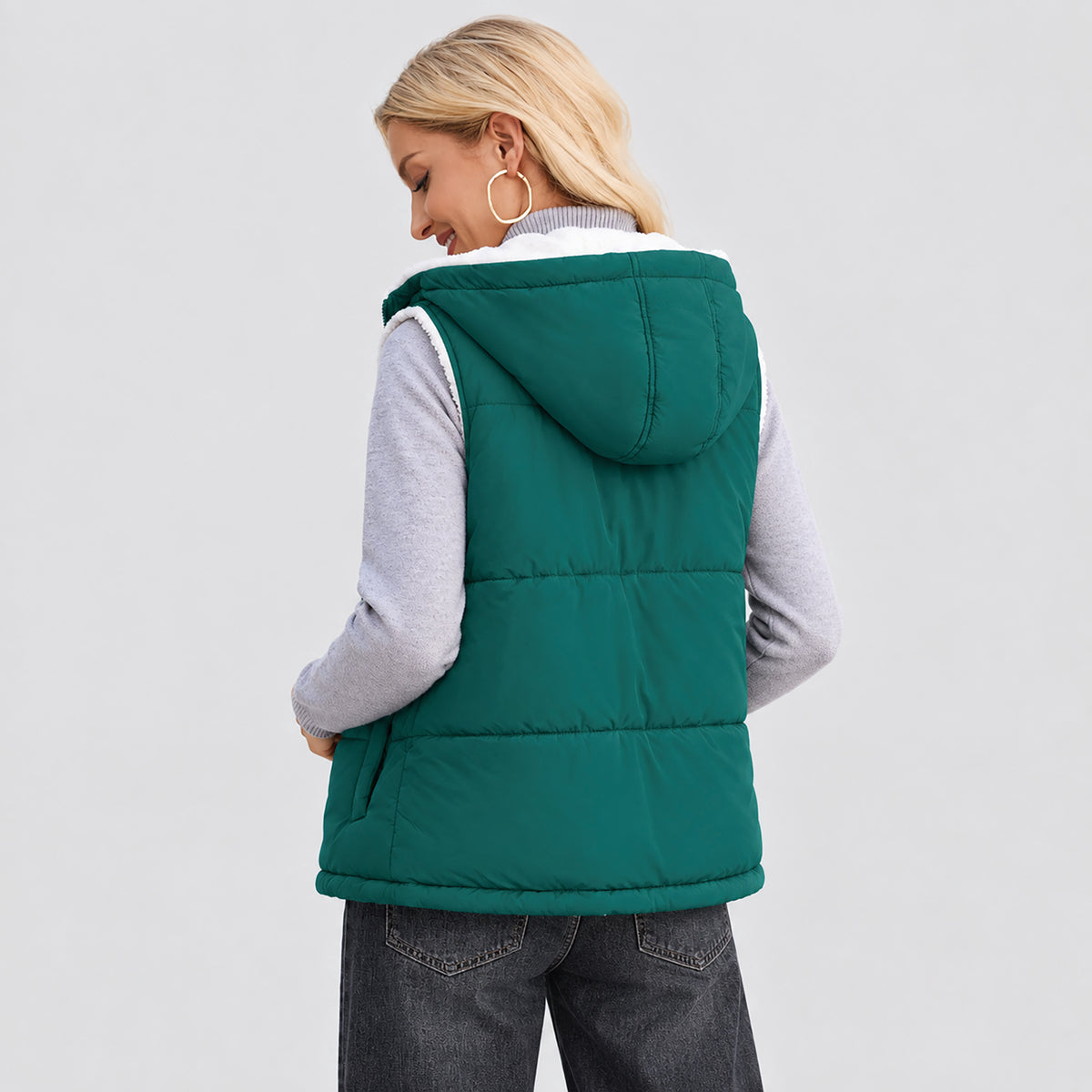 Women's Reversible Fleece Lined Puffer Vest Lightweight Winter Vest with Hood