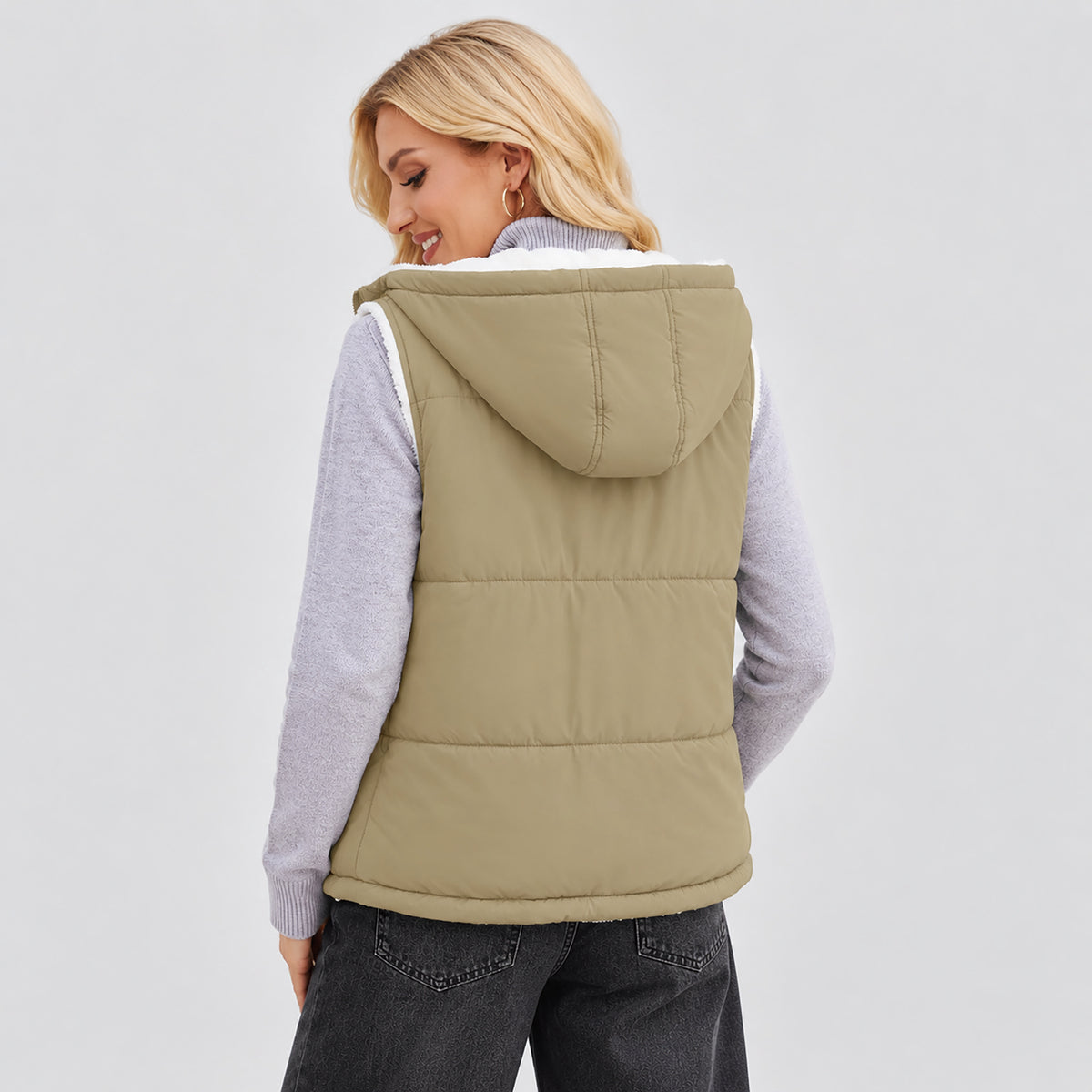 Women's Reversible Fleece Lined Puffer Vest Lightweight Winter Vest with Hood