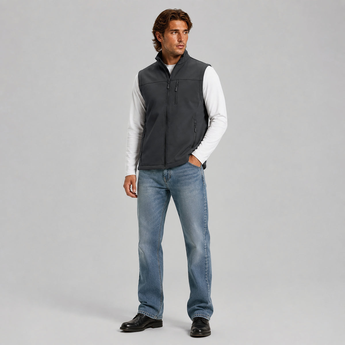 Men's Waterproof Softshell Vest 6-Pocket Fleece Lined Golf Windbreaker