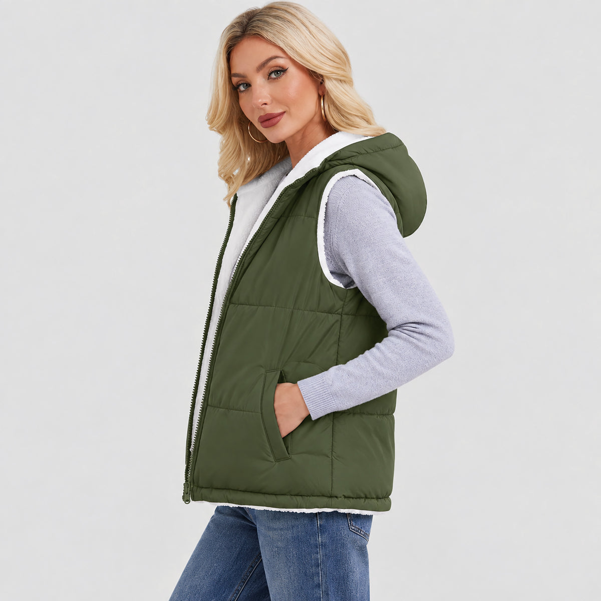 Women's Reversible Fleece Lined Puffer Vest Lightweight Winter Vest with Hood