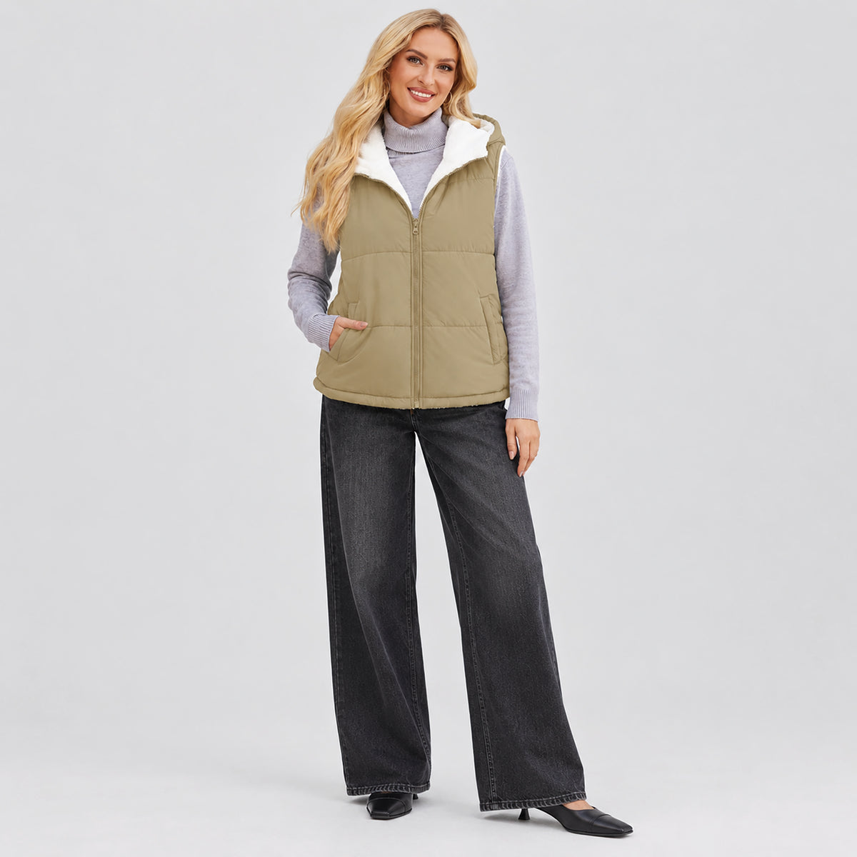 Women's Reversible Fleece Lined Puffer Vest Lightweight Winter Vest with Hood