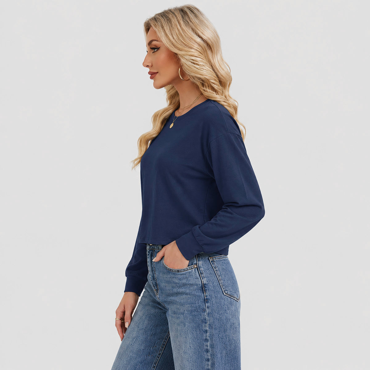 Women's Long Sleeve Cropped Top Crew Neck Casual Lightweight Shirt