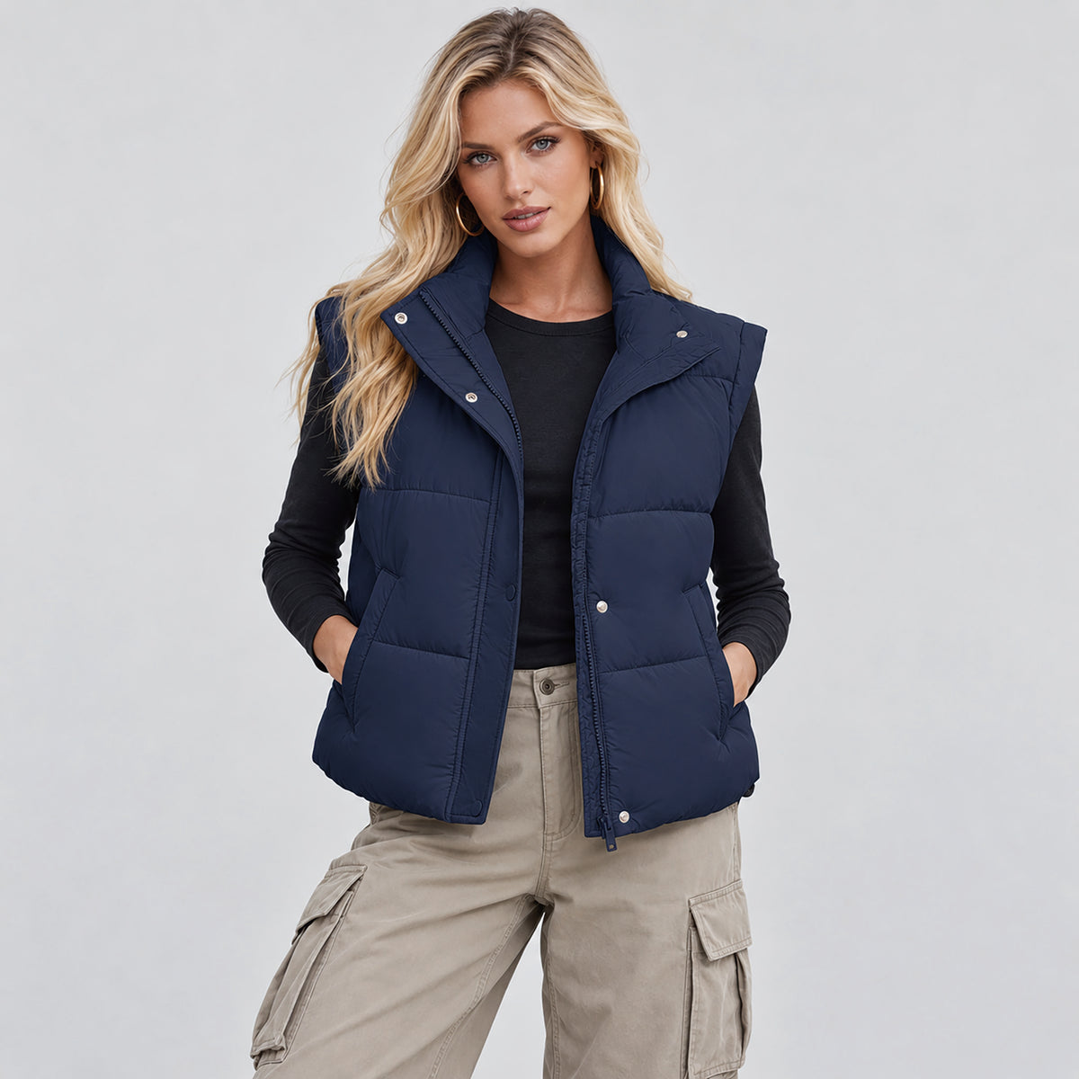 Womens Lightweight Cropped Puffer Vest with Stand Collar