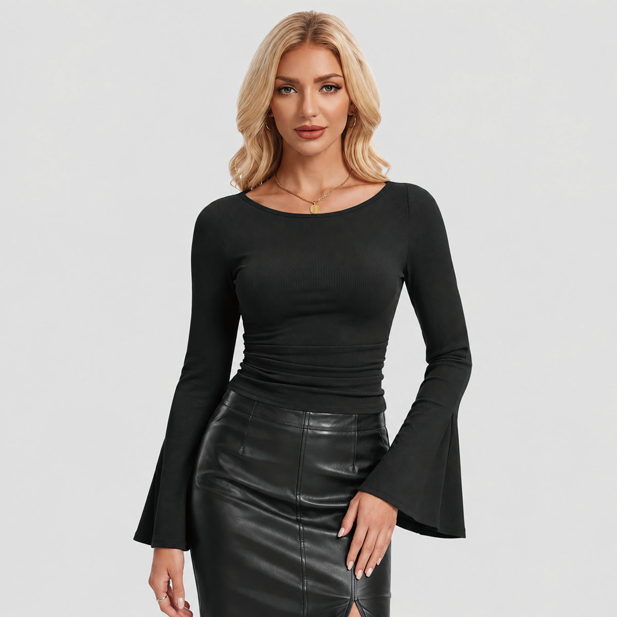 Women's Ribbed Boat Neck Long Sleeve Top Fitted Ruched Casual Shirt