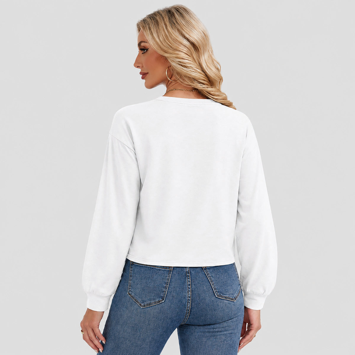 Women's Long Sleeve Cropped Top Crew Neck Casual Lightweight Shirt