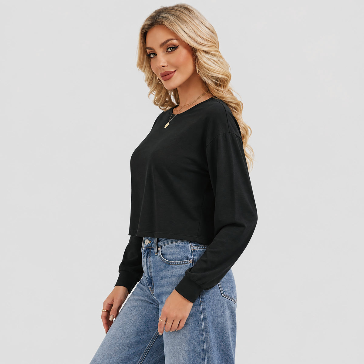 Women's Long Sleeve Cropped Top Crew Neck Casual Lightweight Shirt