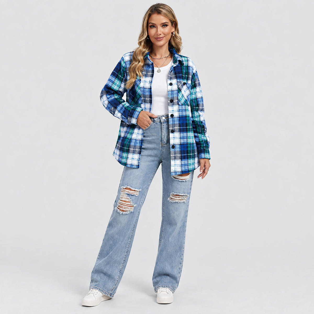 Women's Sherpa Lined Plaid Shacket Warm Flannel Jacket for Fall Winter