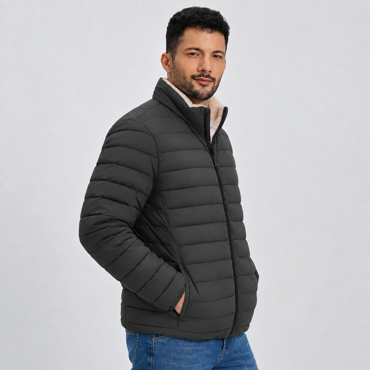 Men's Lightweight Puffer Jacket Sherpa Lined Warm Winter Coat