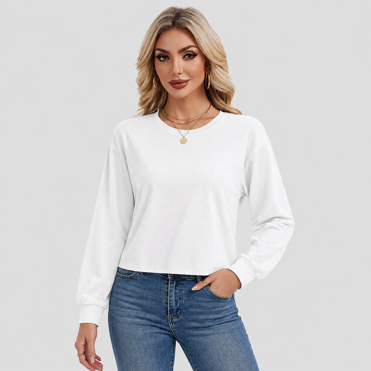 Women's Long Sleeve Cropped Top Crew Neck Casual Lightweight Shirt