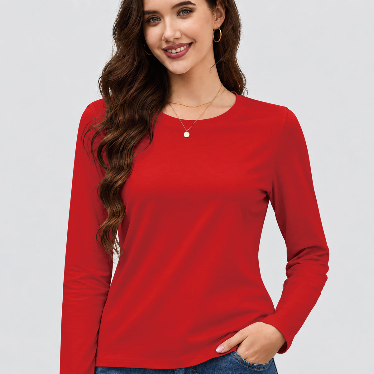 Women's Cotton Long Sleeve Crew Neck T Shirt Soft Casual Basic Tee