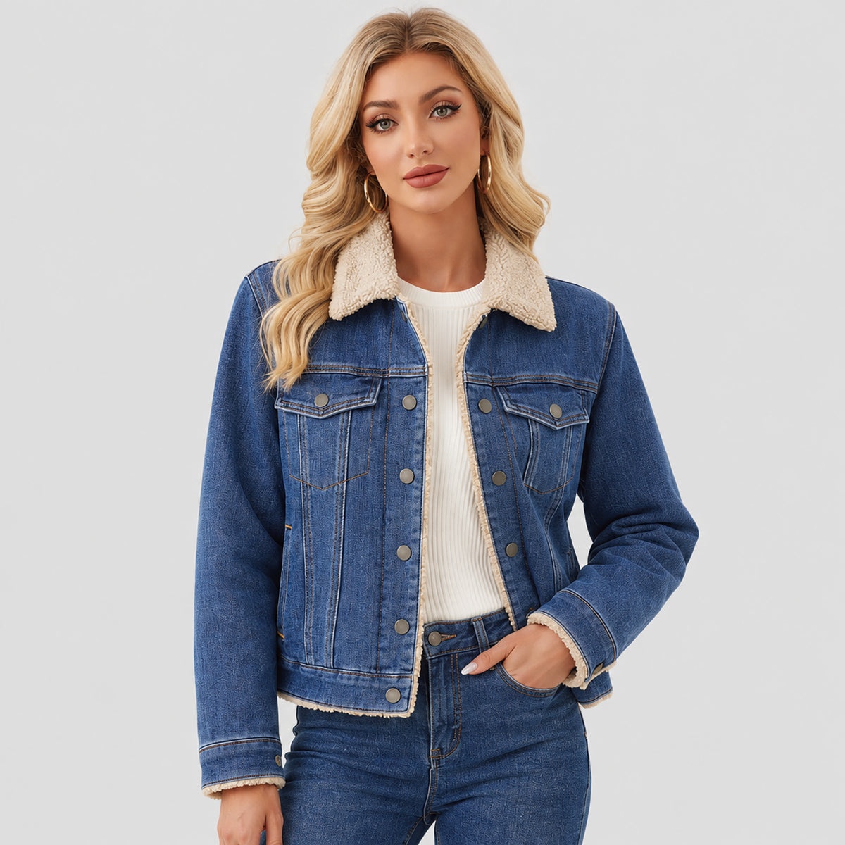 Women's Fleece-Lined Denim Jacket with Warm Collar and Pockets