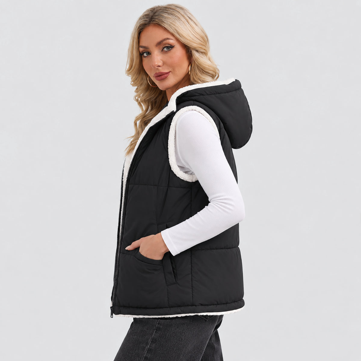 Women's Reversible Fleece Lined Puffer Vest Lightweight Winter Vest with Hood