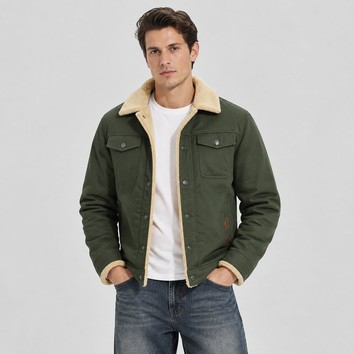Men's Sherpa Lined Trucker Jacket | Casual Denim Canvas Coat