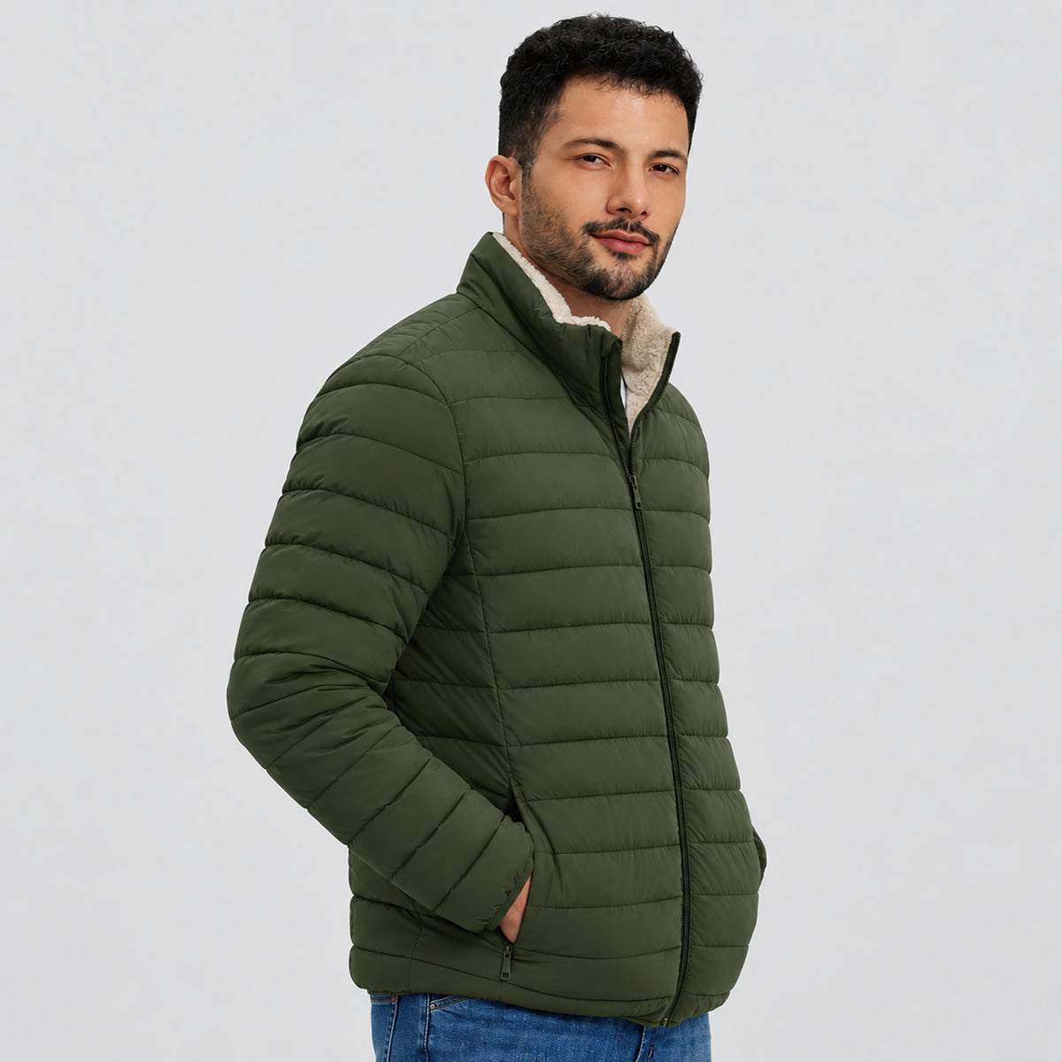 Men's Lightweight Puffer Jacket Sherpa Lined Warm Winter Coat