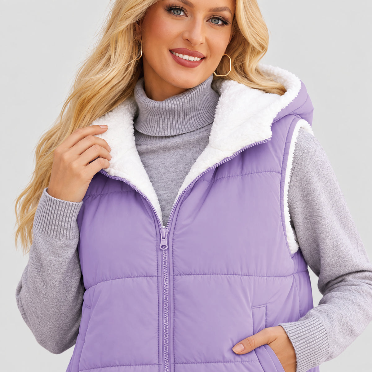 Women's Reversible Fleece Lined Puffer Vest Lightweight Winter Vest with Hood