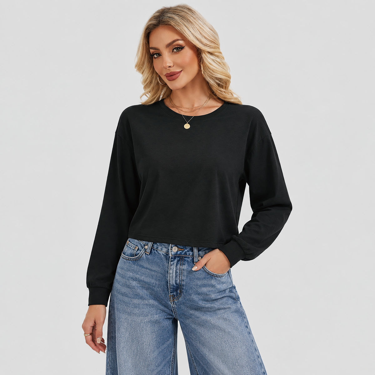 Women's Long Sleeve Cropped Top Crew Neck Casual Lightweight Shirt