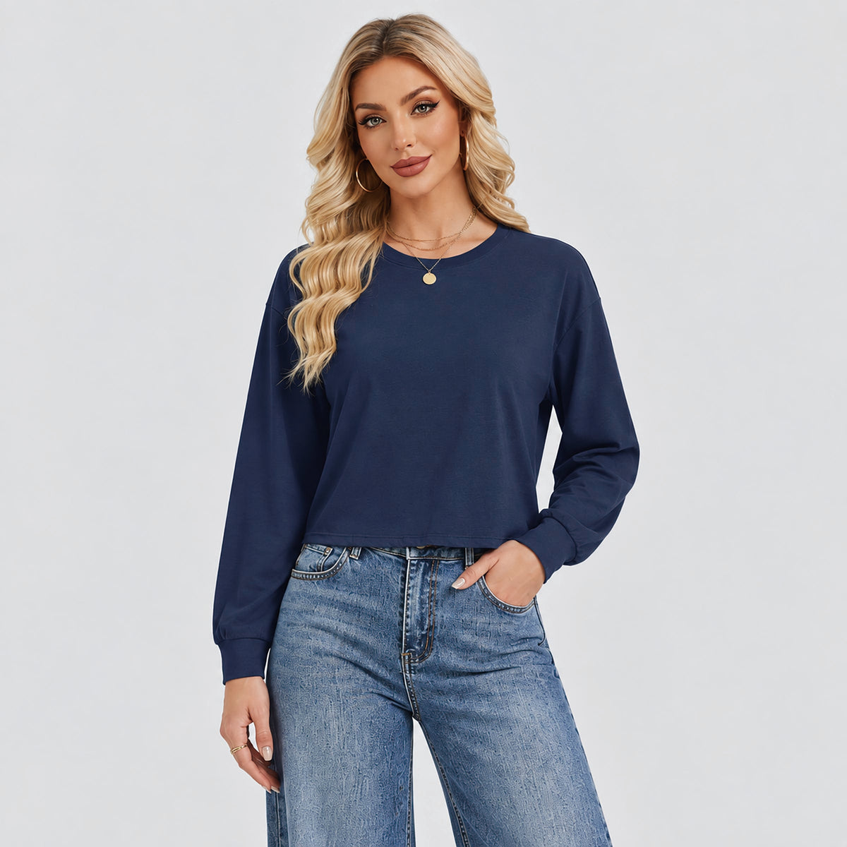 Women's Long Sleeve Cropped Top Crew Neck Casual Lightweight Shirt