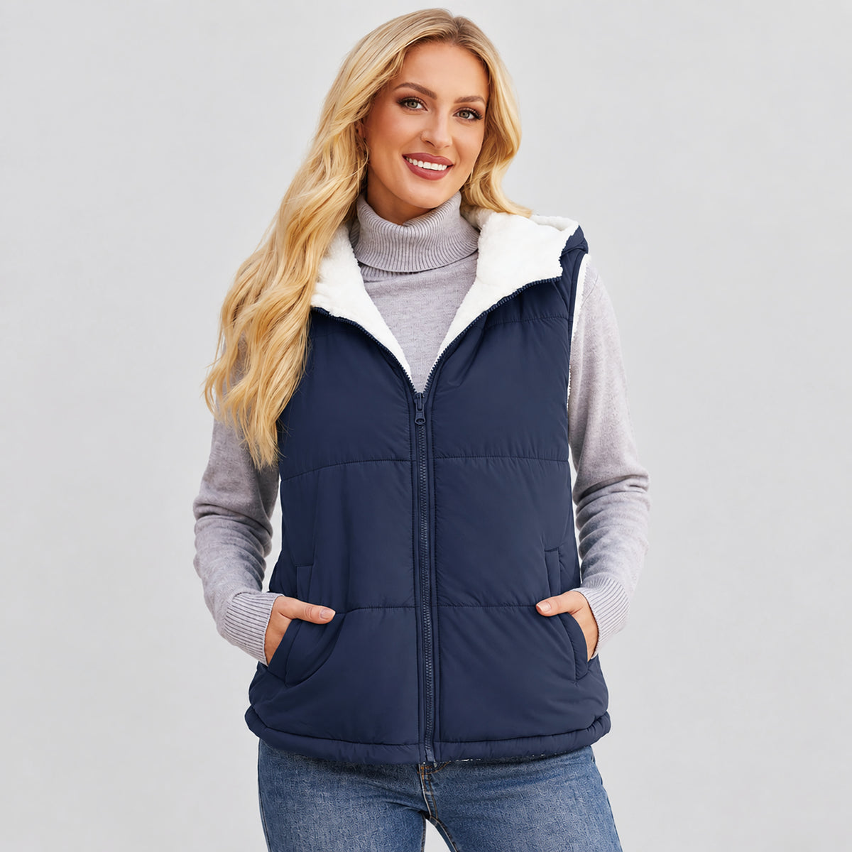 Women's Reversible Fleece Lined Puffer Vest Lightweight Winter Vest with Hood