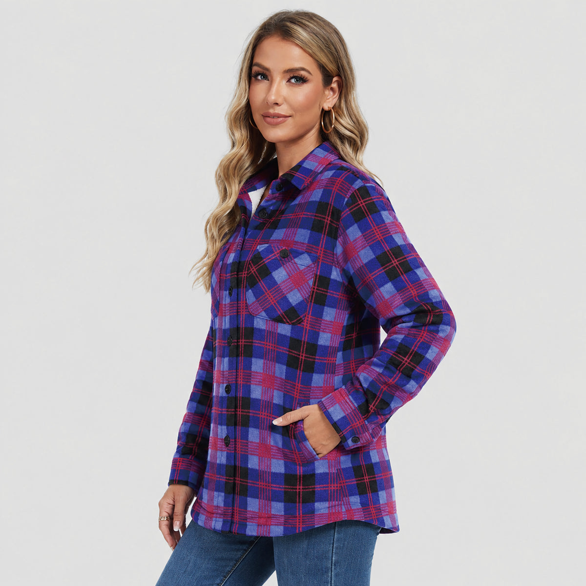Women's Sherpa Lined Plaid Shacket Warm Flannel Jacket for Fall Winter
