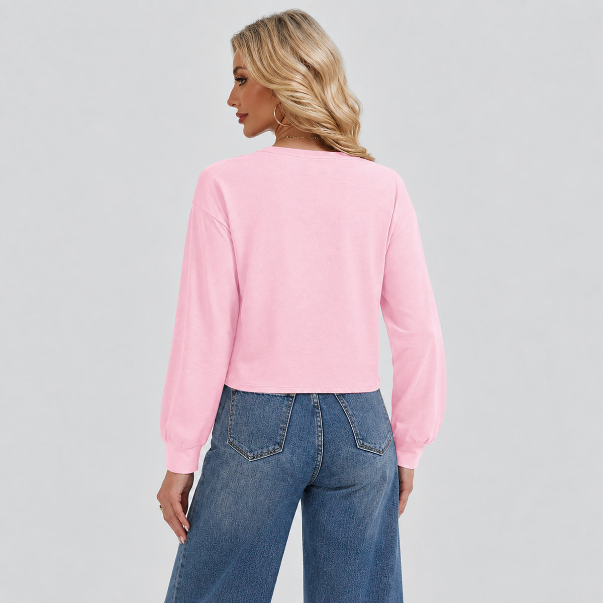 Women's Long Sleeve Cropped Top Crew Neck Casual Lightweight Shirt
