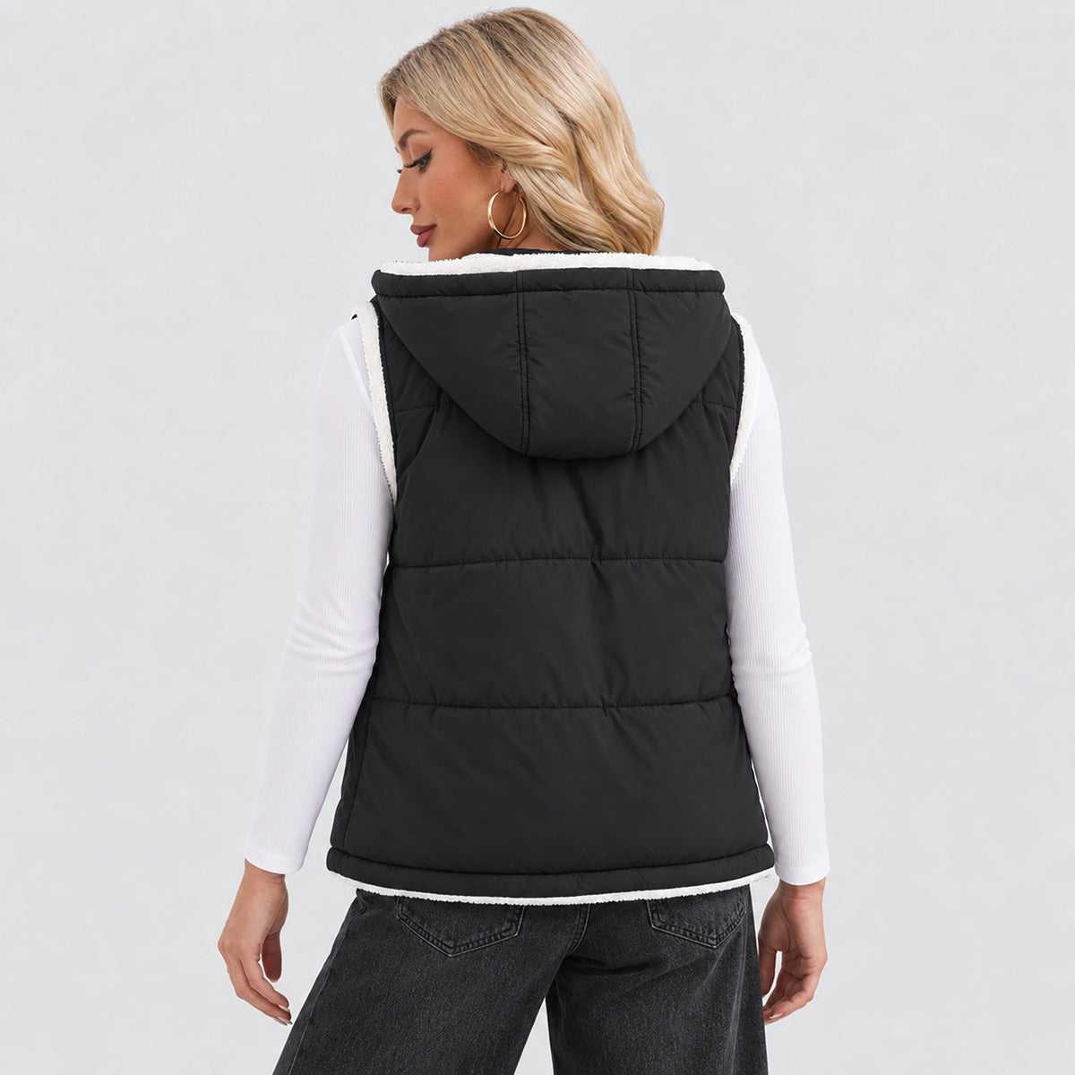 Women's Reversible Fleece Lined Puffer Vest Lightweight Winter Vest with Hood