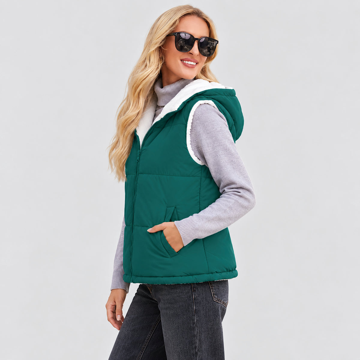 Women's Reversible Fleece Lined Puffer Vest Lightweight Winter Vest with Hood