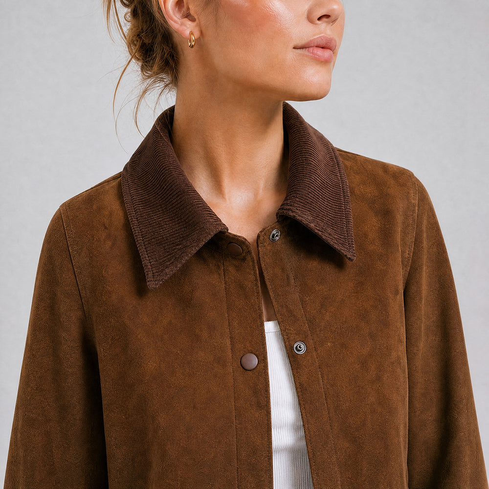 Women's Brown Suede Jacket Corduroy Collar Cropped Casual Outerwear