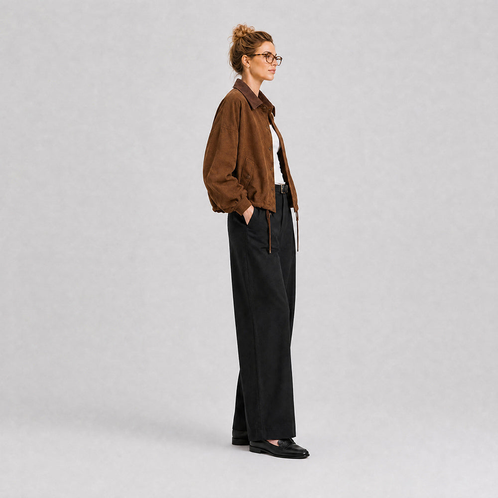 Women's Brown Suede Jacket Corduroy Collar Cropped Casual Outerwear