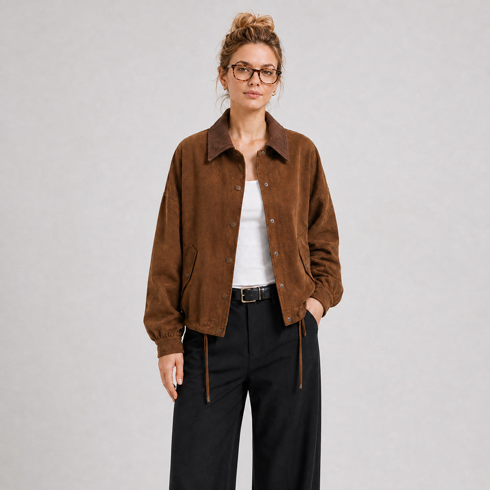 Women's Brown Suede Jacket Corduroy Collar Cropped Casual Outerwear
