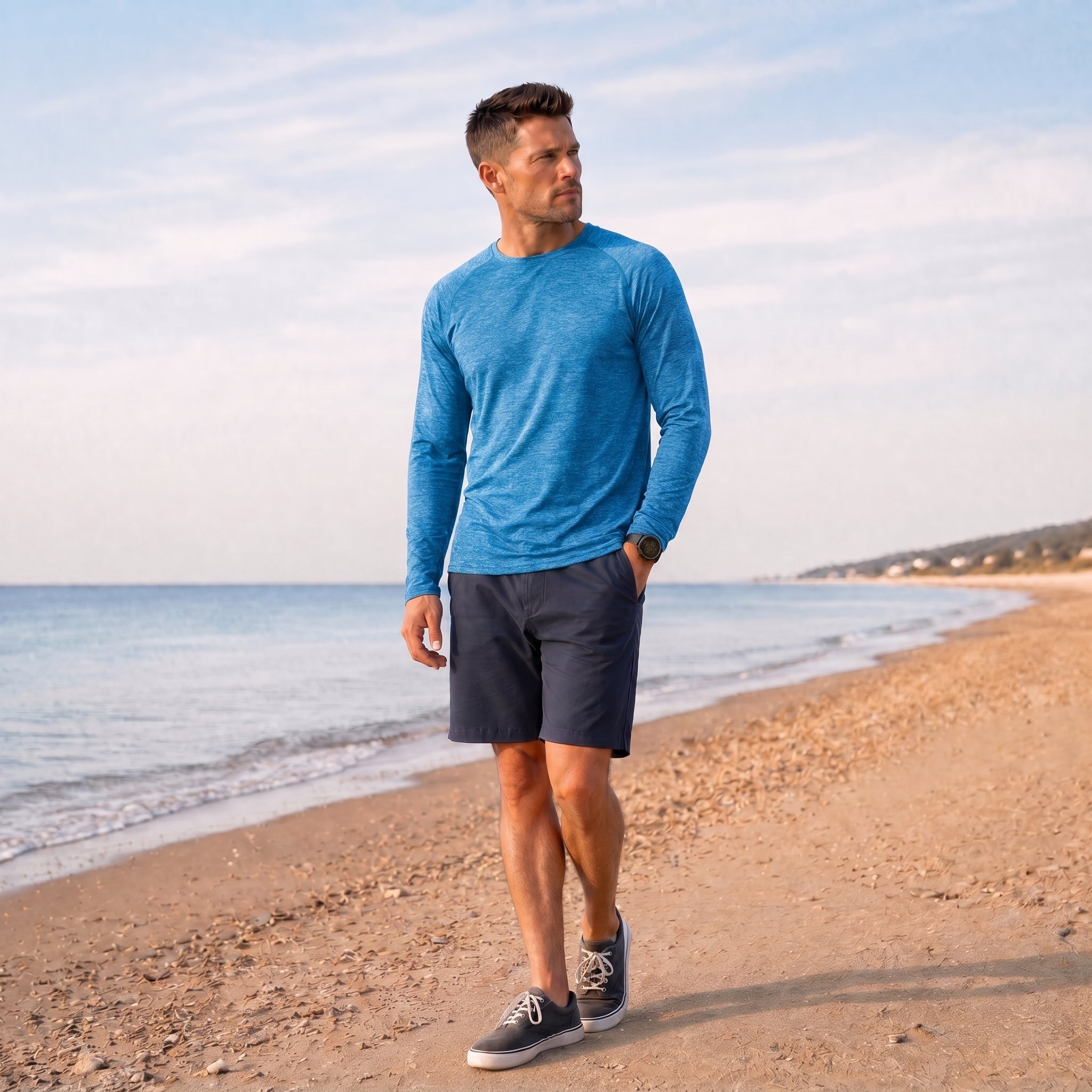 Men UPF 50 Plus Sun Protection Shirt - Quick Dry Cooling Long Sleeve Raglan Tee Sea Blue by MAGCOMSEN