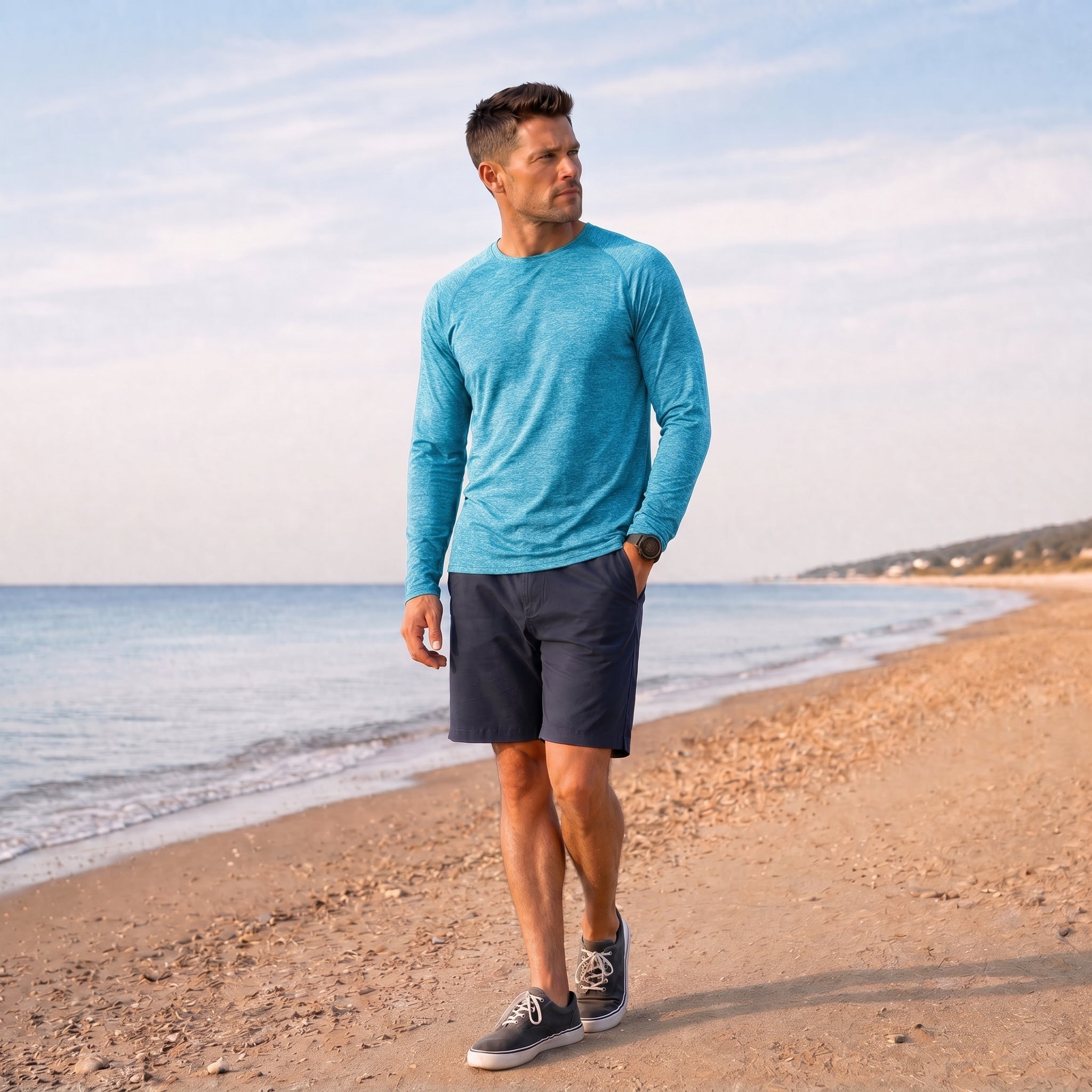 Men UPF 50 Plus Sun Protection Shirt - Quick Dry Cooling Long Sleeve Raglan Tee Water Blue by MAGCOMSEN