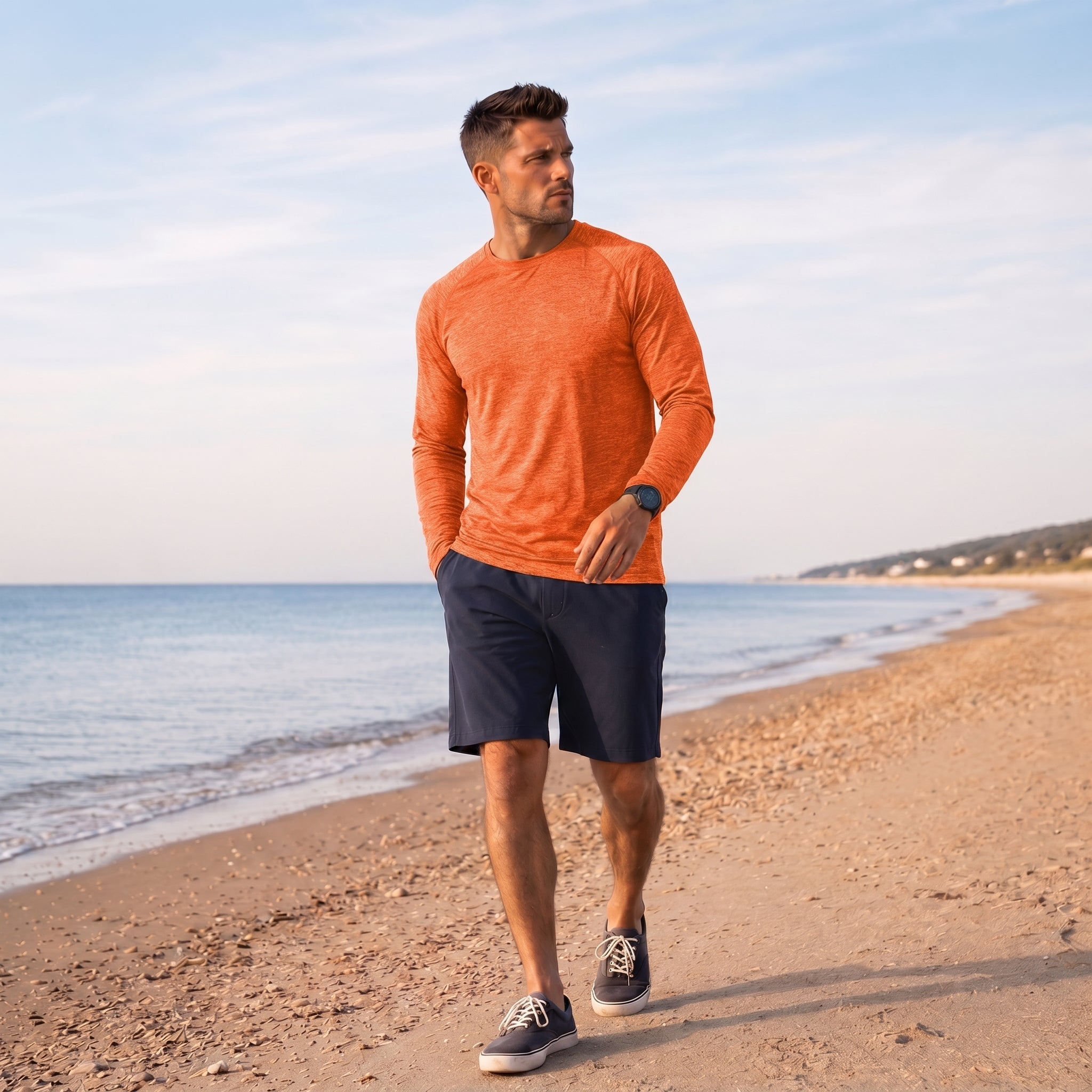 Men UPF 50 Plus Sun Protection Shirt - Quick Dry Cooling Long Sleeve Raglan Tee Orange by MAGCOMSEN
