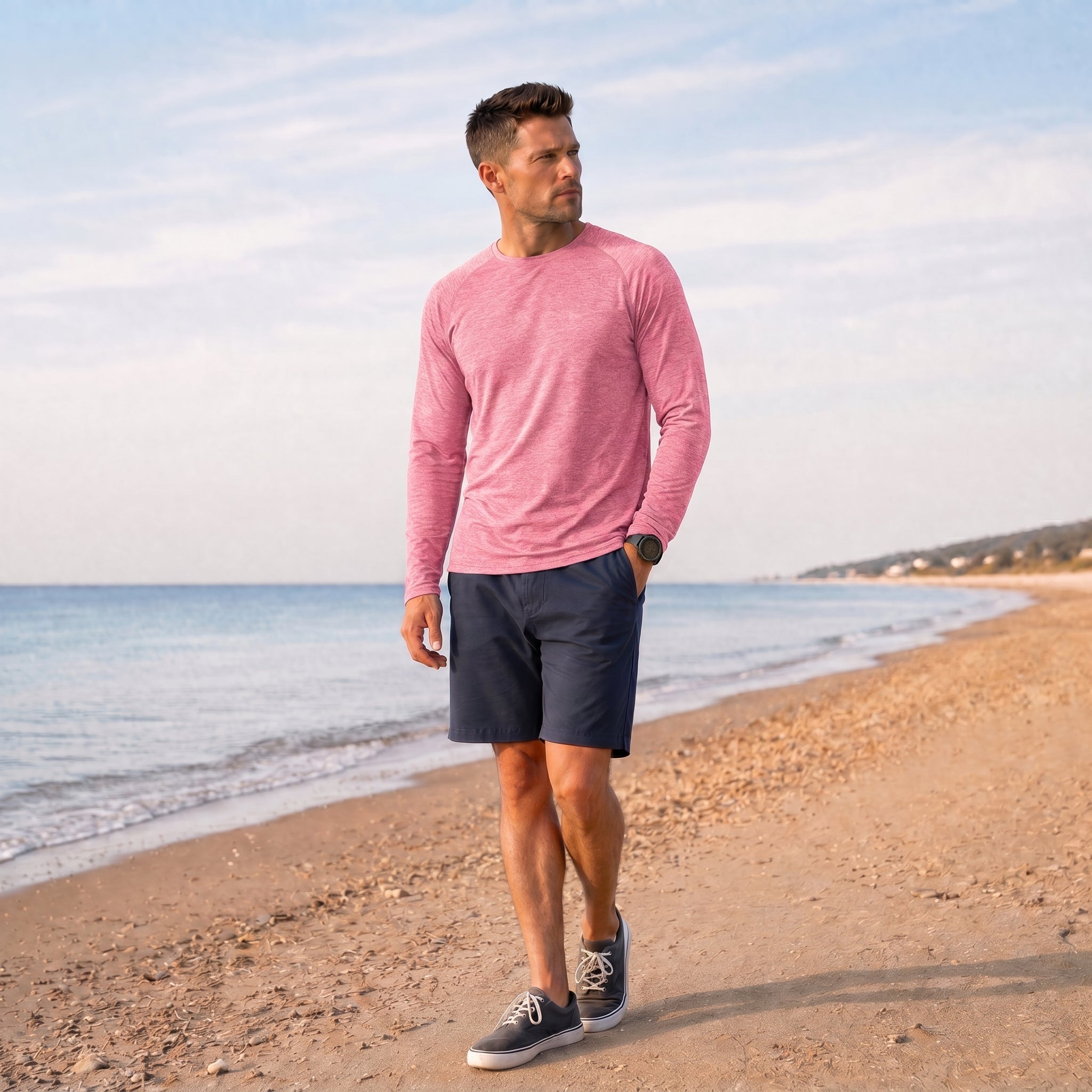 Men UPF 50 Plus Sun Protection Shirt - Quick Dry Cooling Long Sleeve Raglan Tee Pink by MAGCOMSEN