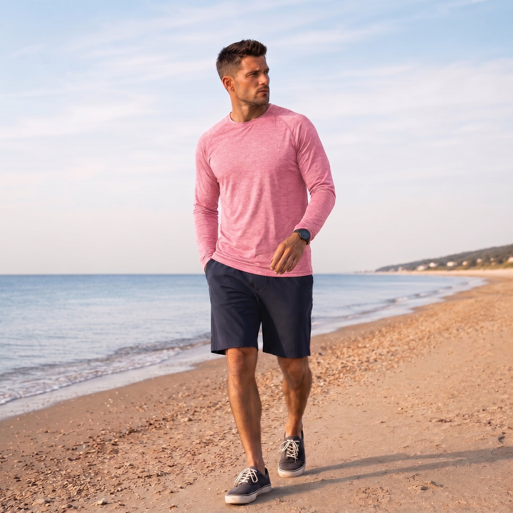 Men UPF 50 Plus Sun Protection Shirt - Quick Dry Cooling Long Sleeve Raglan Tee Pink by MAGCOMSEN