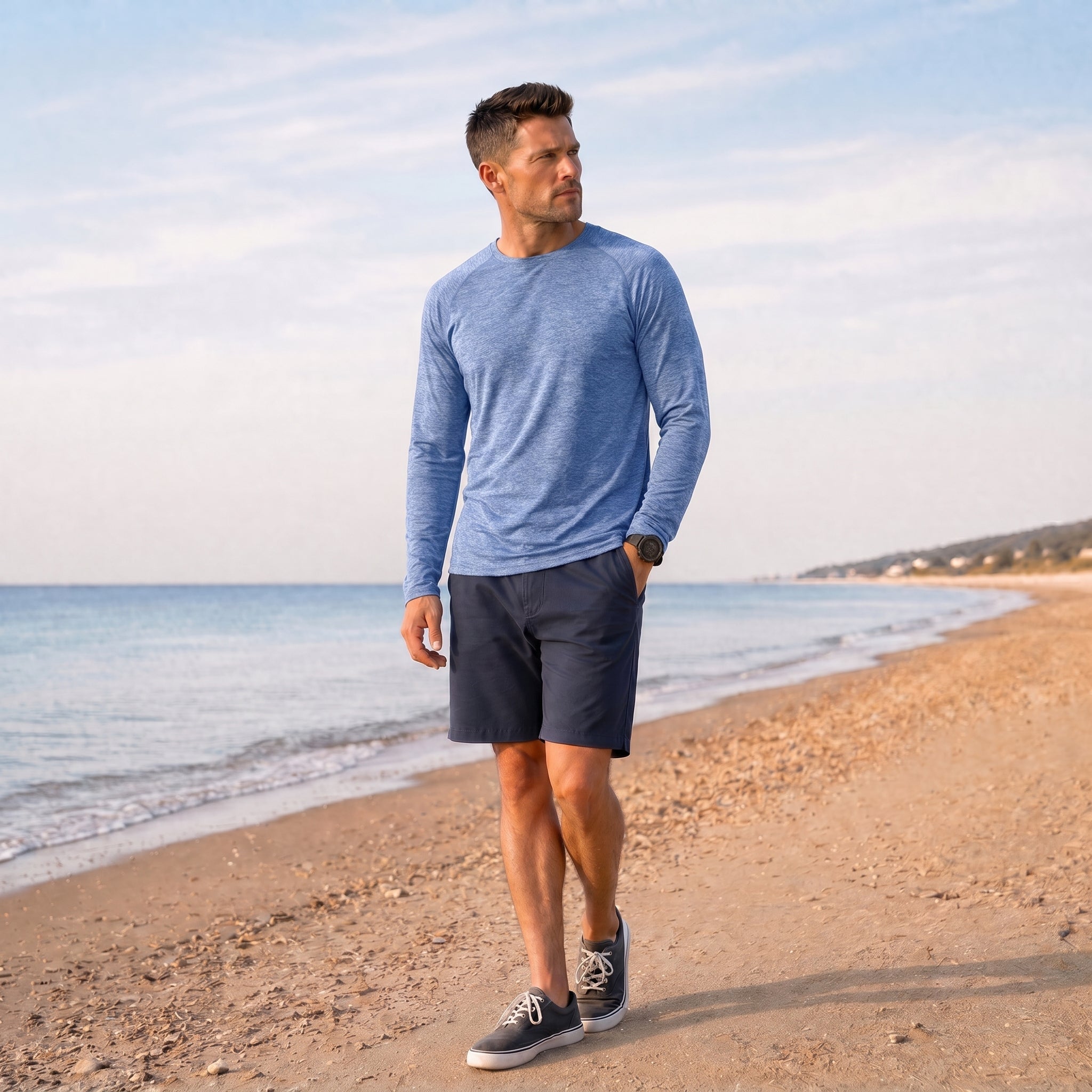 Men UPF 50 Plus Sun Protection Shirt - Quick Dry Cooling Long Sleeve Raglan Tee Light Blue by MAGCOMSEN