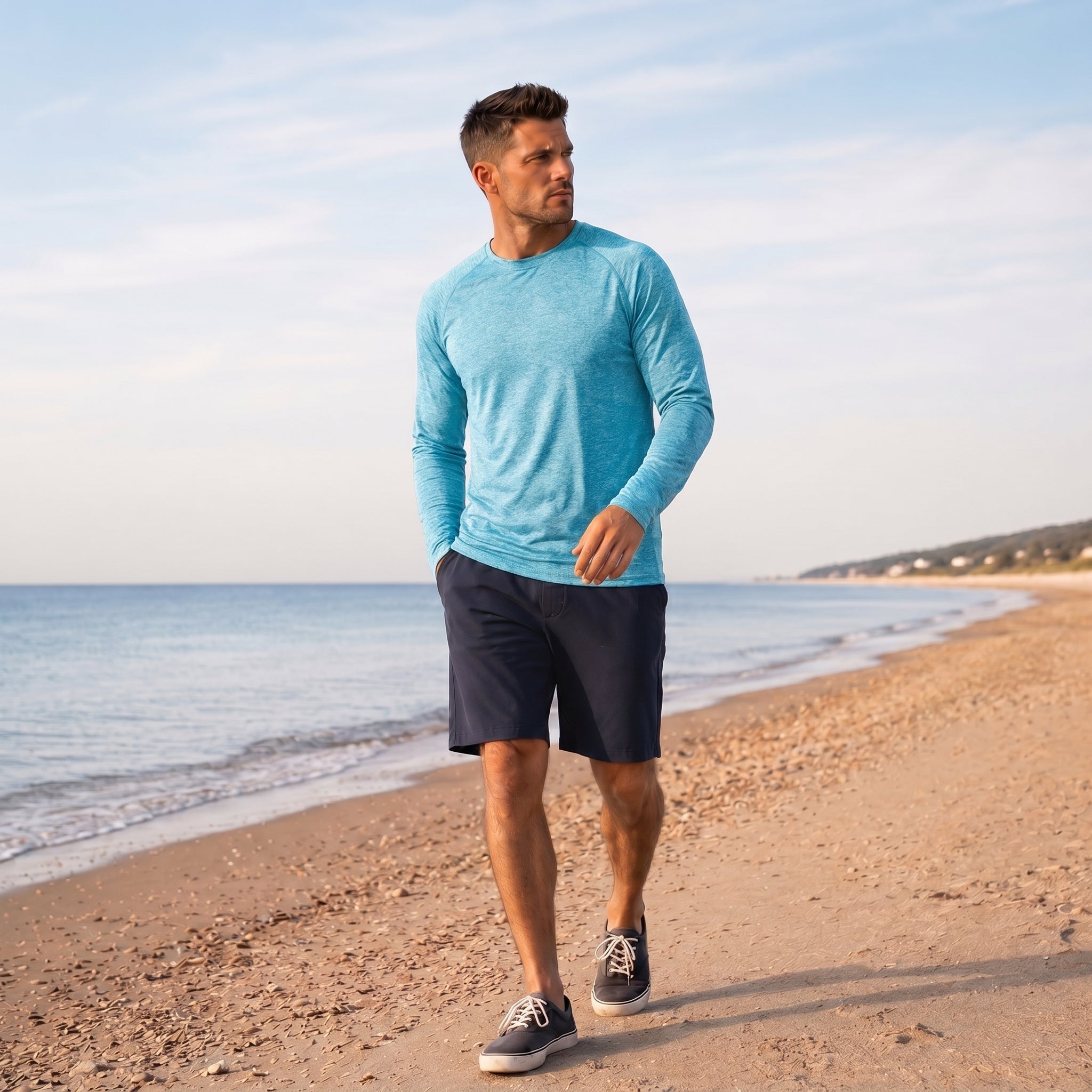 Men UPF 50 Plus Sun Protection Shirt - Quick Dry Cooling Long Sleeve Raglan Tee Water Blue by MAGCOMSEN