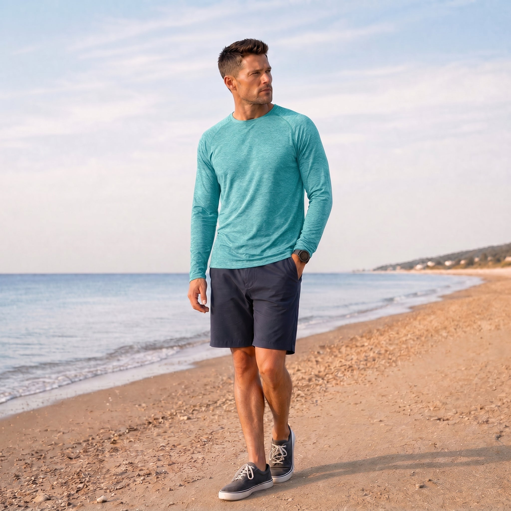 Men UPF 50 Plus Sun Protection Shirt - Quick Dry Cooling Long Sleeve Raglan Tee Light Green by MAGCOMSEN