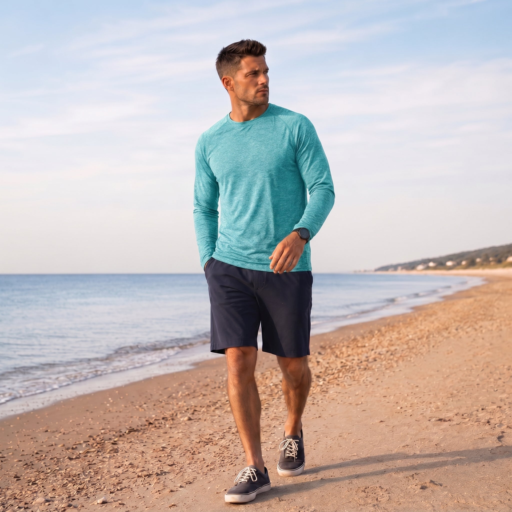 Men UPF 50 Plus Sun Protection Shirt - Quick Dry Cooling Long Sleeve Raglan Tee Light Green by MAGCOMSEN