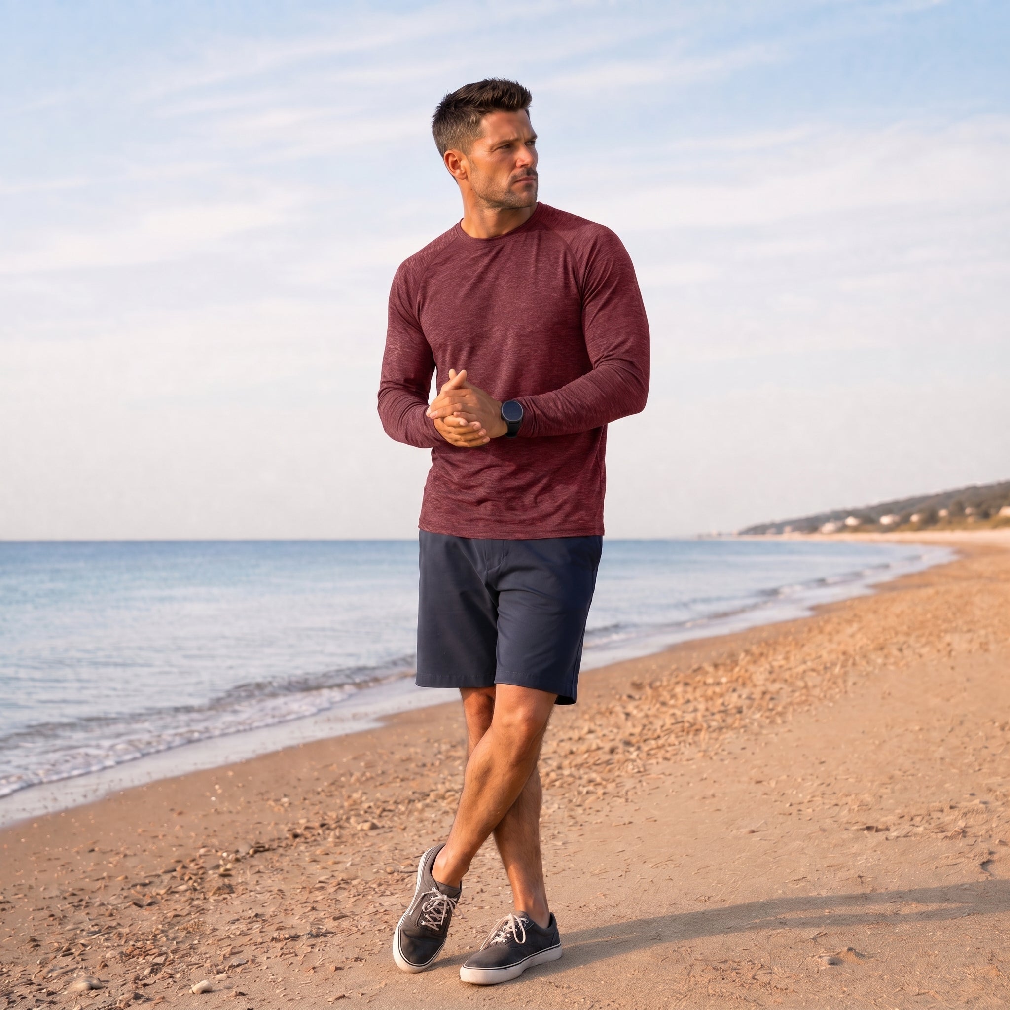 Men UPF 50 Plus Sun Protection Shirt - Quick Dry Cooling Long Sleeve Raglan Tee Wine by MAGCOMSEN