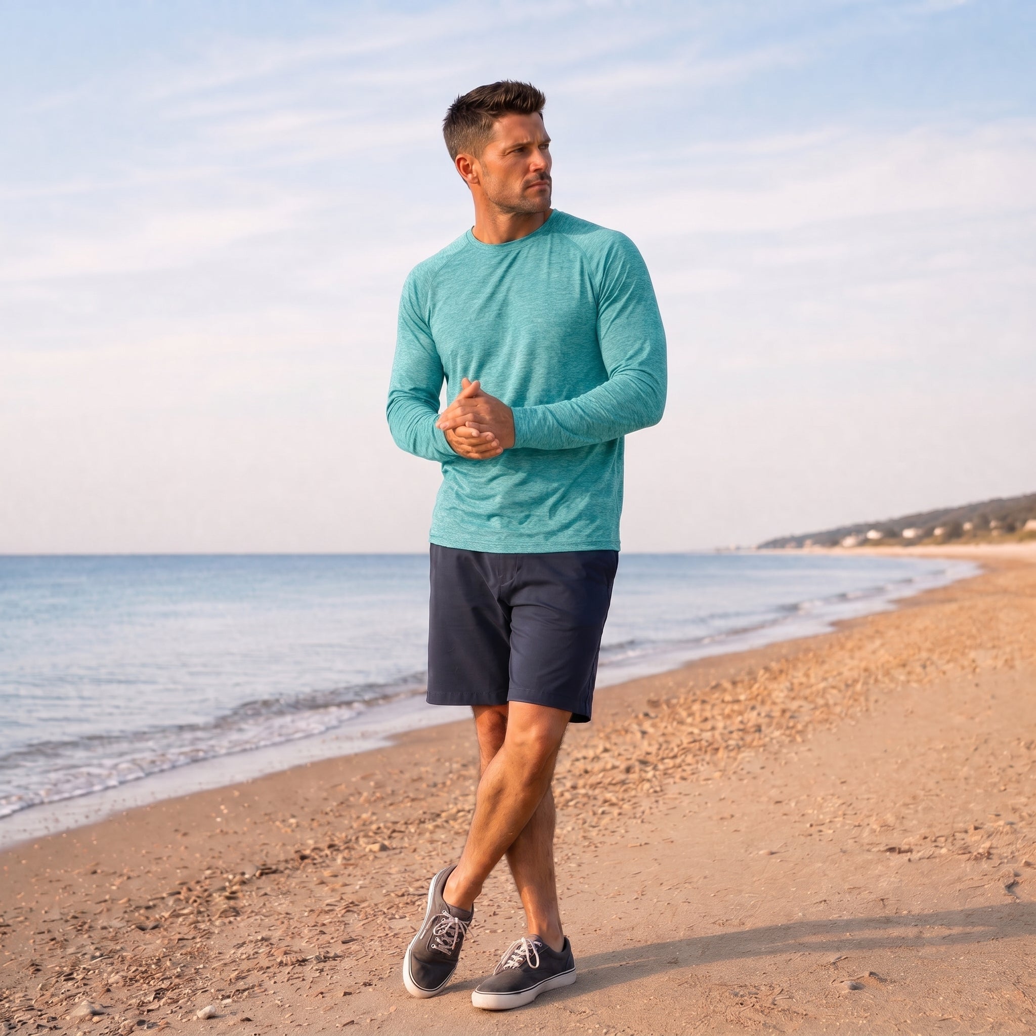 Men UPF 50 Plus Sun Protection Shirt - Quick Dry Cooling Long Sleeve Raglan Tee Light Green by MAGCOMSEN
