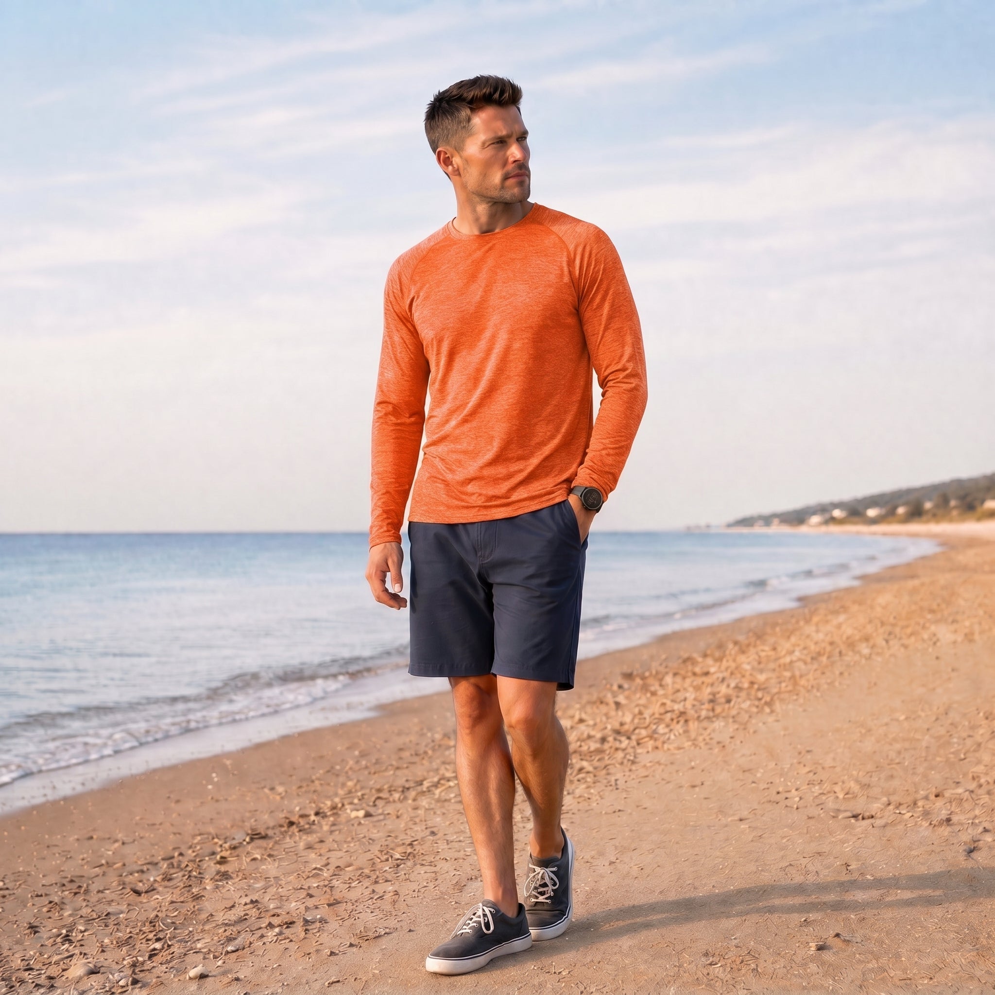 Men UPF 50 Plus Sun Protection Shirt - Quick Dry Cooling Long Sleeve Raglan Tee Orange by MAGCOMSEN