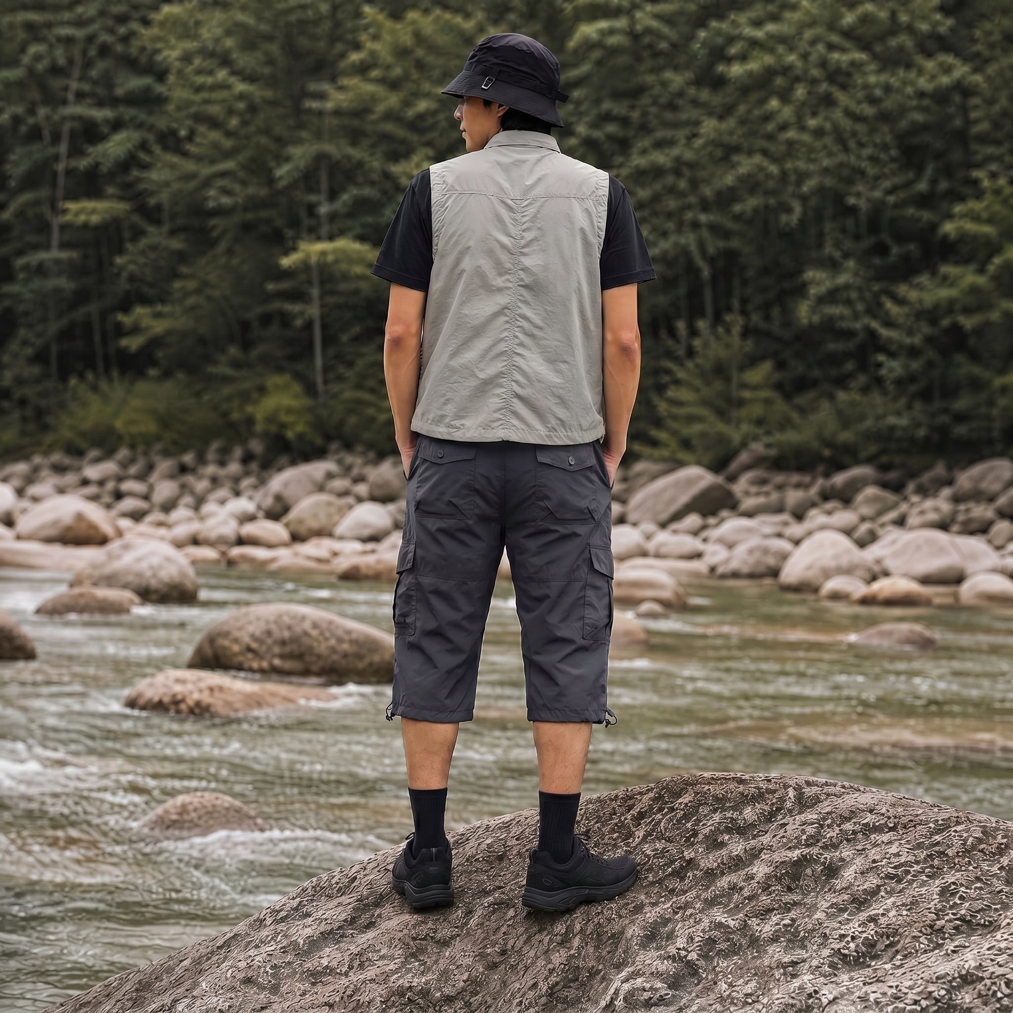 Men's Below Knee Cargo Shorts - Cotton, 7 Pockets, Work Capris Black by MAGCOMSEN