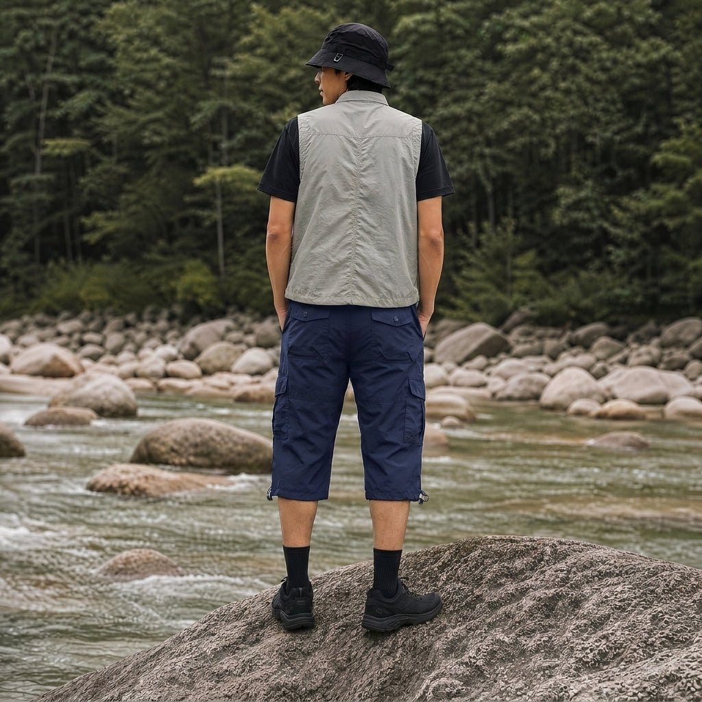 Men's Below Knee Cargo Shorts - Cotton, 7 Pockets, Work Capris Navy by MAGCOMSEN